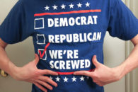man wearing shirt that says "we're screwed"