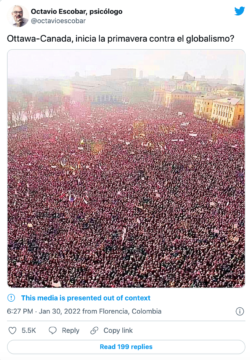 Octavio Escobar, a Columbian psychologist, tweeted this image of the Russian anti-government protests in 1991 and claimed that it was Ottawa’s 2022 anti-vaccine protests. It was retweeted over 5000 times and liked by over 15,000 Twitter users.