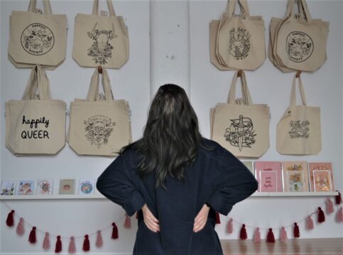 Tote bags with digital artwork designs are one of KJ Forman's specialties. The artist also leads family-friendly tote bag painting workshops at the Ottawa Art Gallery.